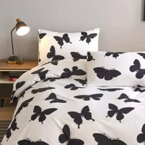 Single size 4 pieces Bedding Set without filler, White color with Black Buttefly design