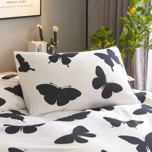 Single size 4 pieces Bedding Set without filler, White color with Black Buttefly design