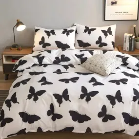 Single size 4 pieces Bedding Set without filler, White color with Black Buttefly design