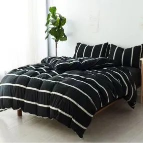 Single Size 4 pieces non-reversible bedding set, black and white stripe design with black bedsheet