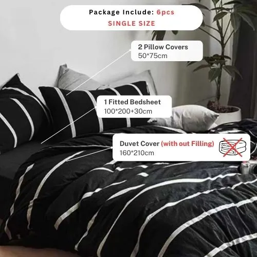 Single Size 4 pieces non-reversible bedding set, black and white stripe design with black bedsheet