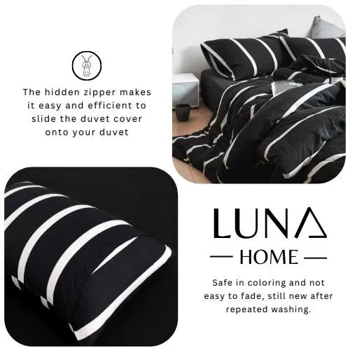 Single Size 4 pieces non-reversible bedding set, black and white stripe design with black bedsheet