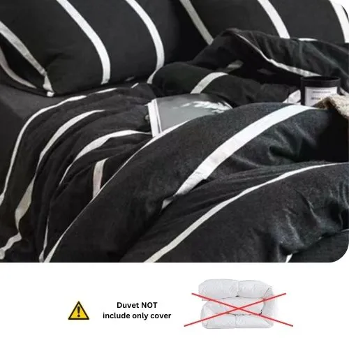 Single Size 4 pieces non-reversible bedding set, black and white stripe design with black bedsheet