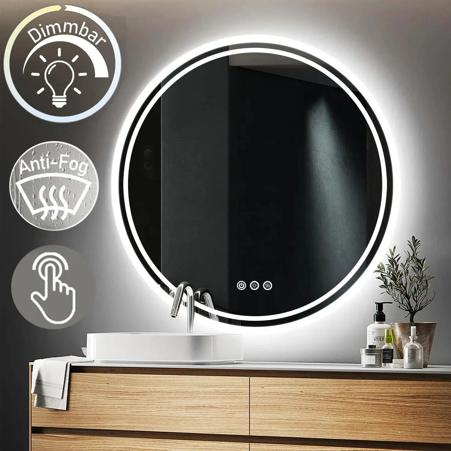 Smart Illuminate LED Round Lighted Vanity Mirror with Touch Screen and Anti-Fog Features