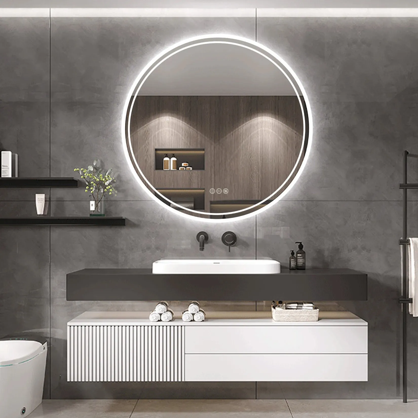 Smart Illuminate LED Round Lighted Vanity Mirror with Touch Screen and Anti-Fog Features