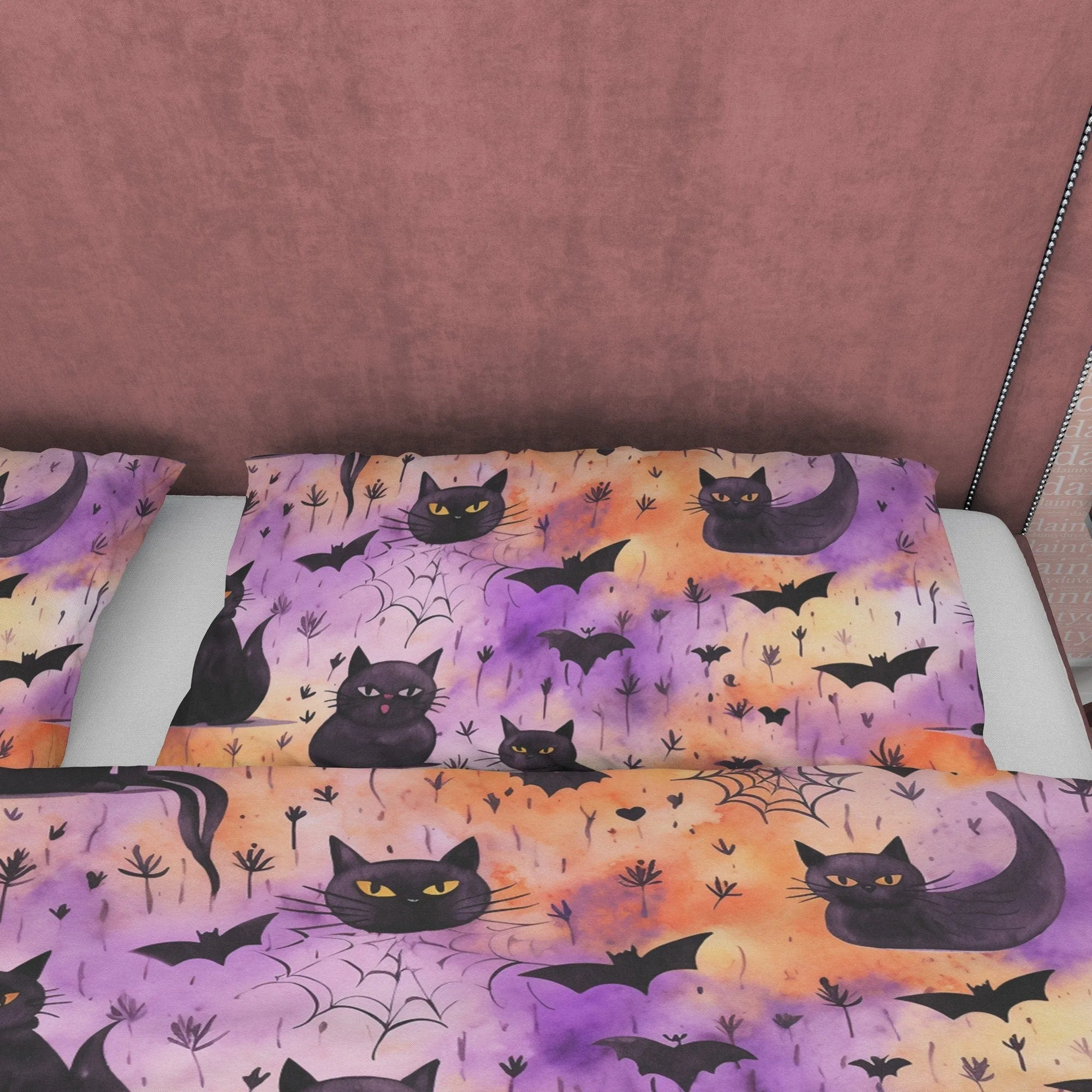 Spooky Black Cat Halloween Duvet Cover, Purple, Orange, Aesthetic Zipper Bedding, Witchy Room Decor, US, UK, European, Australian Bed Size