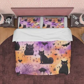 Spooky Black Cat Halloween Duvet Cover, Purple, Orange, Aesthetic Zipper Bedding, Witchy Room Decor, US, UK, European, Australian Bed Size