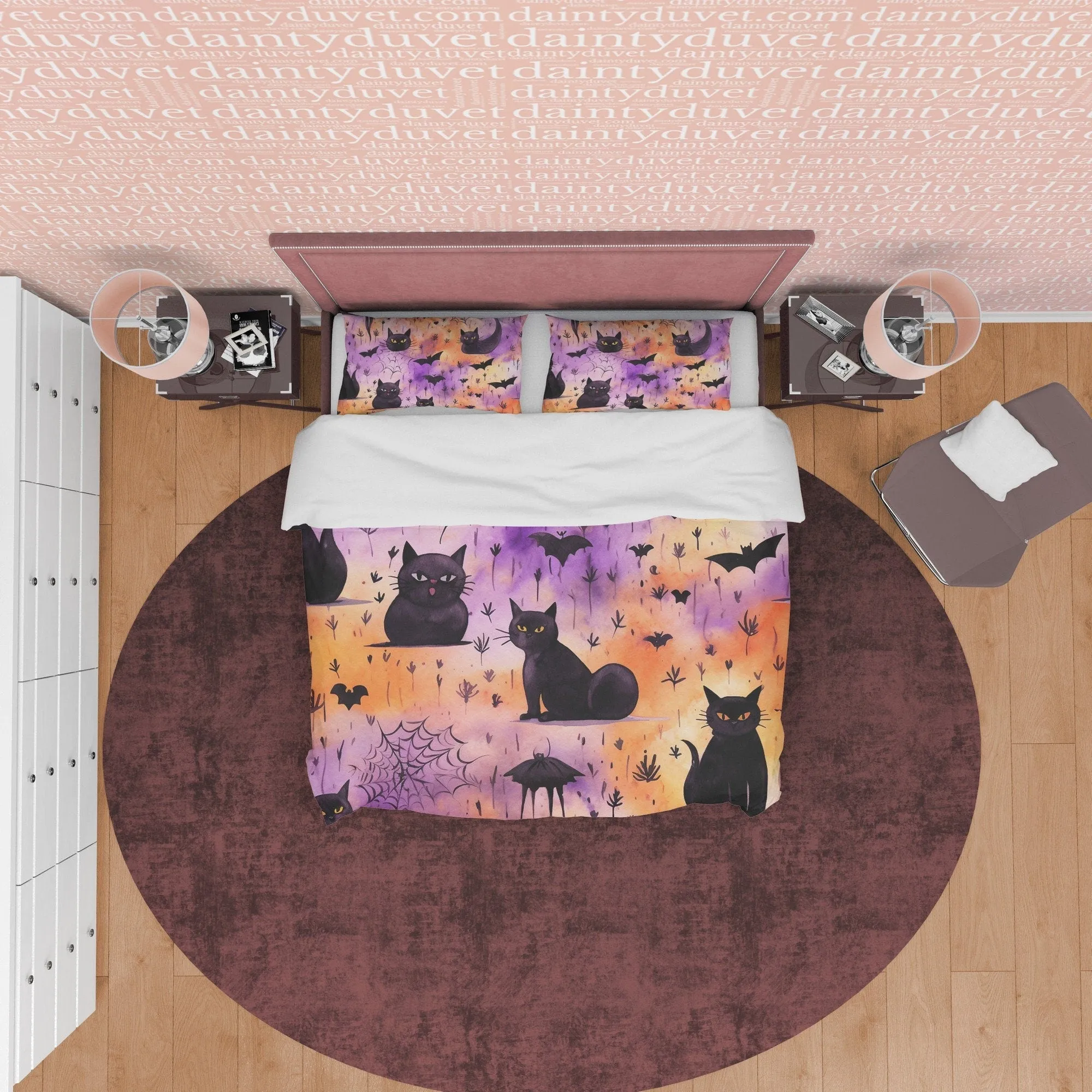 Spooky Black Cat Halloween Duvet Cover, Purple, Orange, Aesthetic Zipper Bedding, Witchy Room Decor, US, UK, European, Australian Bed Size