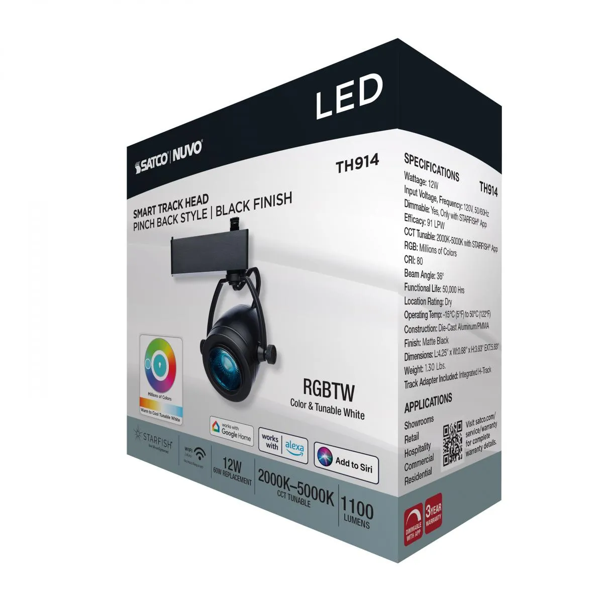 Starfish Smart LED Track Head Pinch Back 12W 1100 Lumens RGBTW, Halo, 36 Beam Angle, Black Finish