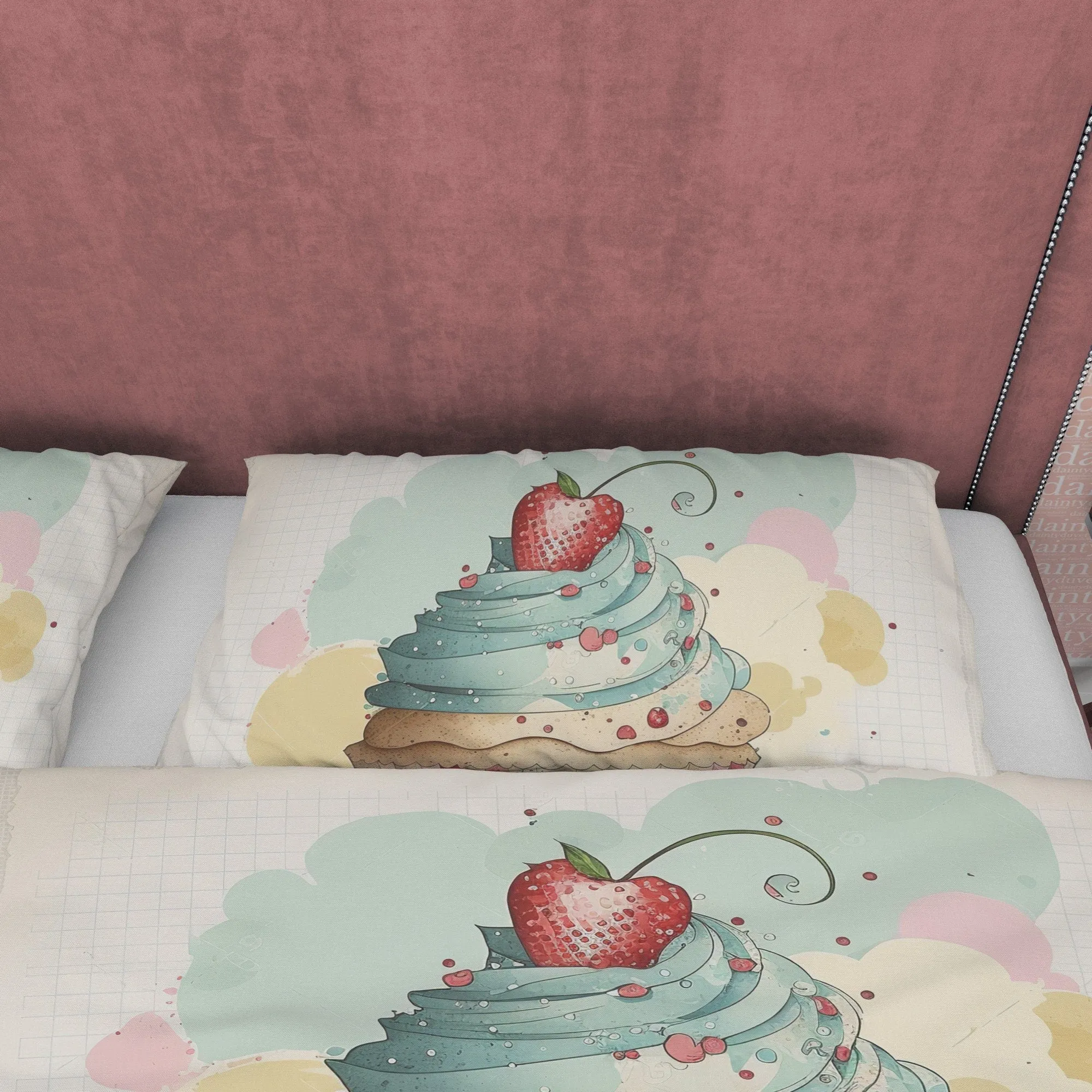 Strawberry Cupcake Duvet Cover Boho Bedroom Set, Watercolor Girly Bedspread, Cute Quilt Cover, Baby Girl Crib Bedding Set, Pastel Color