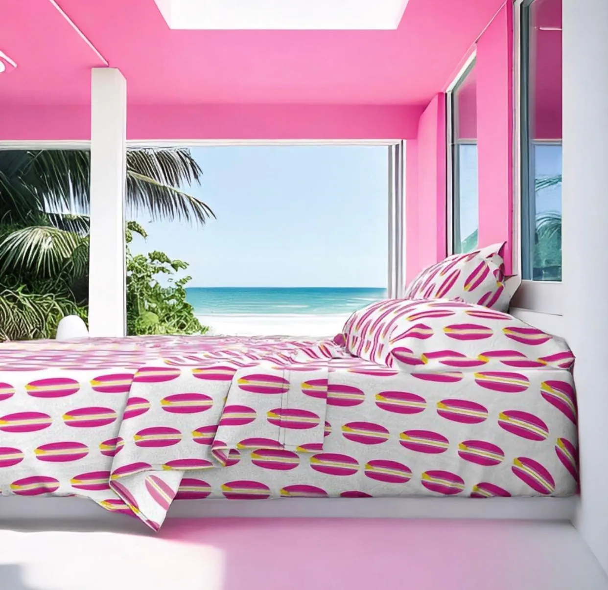 Surfer Girl Pink, White and Yellow Classic Surfboards Sheet Set from Surfer Bedding™️ Medium Scale