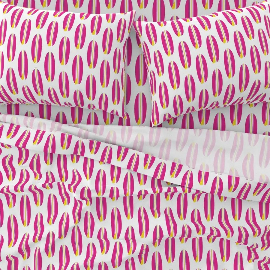 Surfer Girl Pink, White and Yellow Classic Surfboards Sheet Set from Surfer Bedding™️ Medium Scale