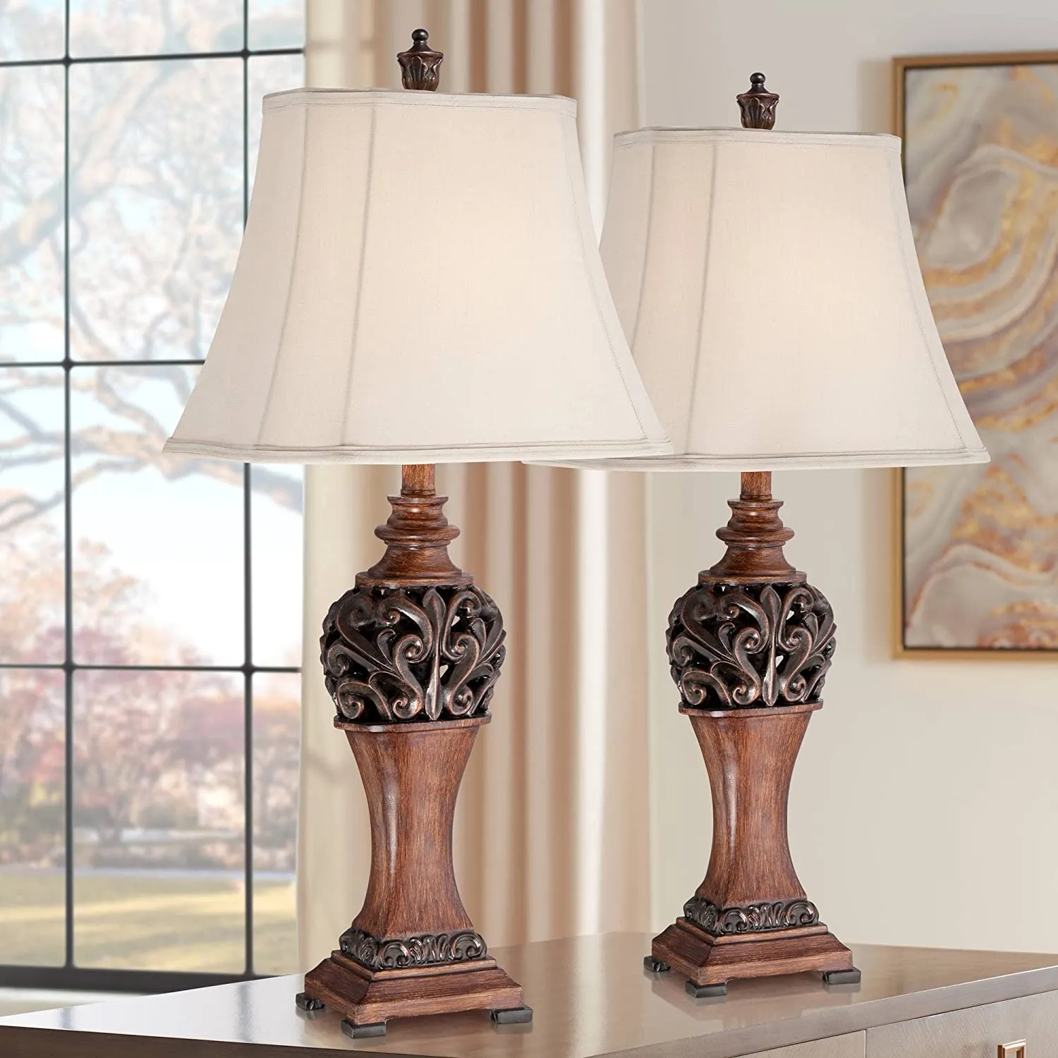 Traditional Style Table Lamps 30" Tall Set of 2 Bronze Wood Carved Leaf