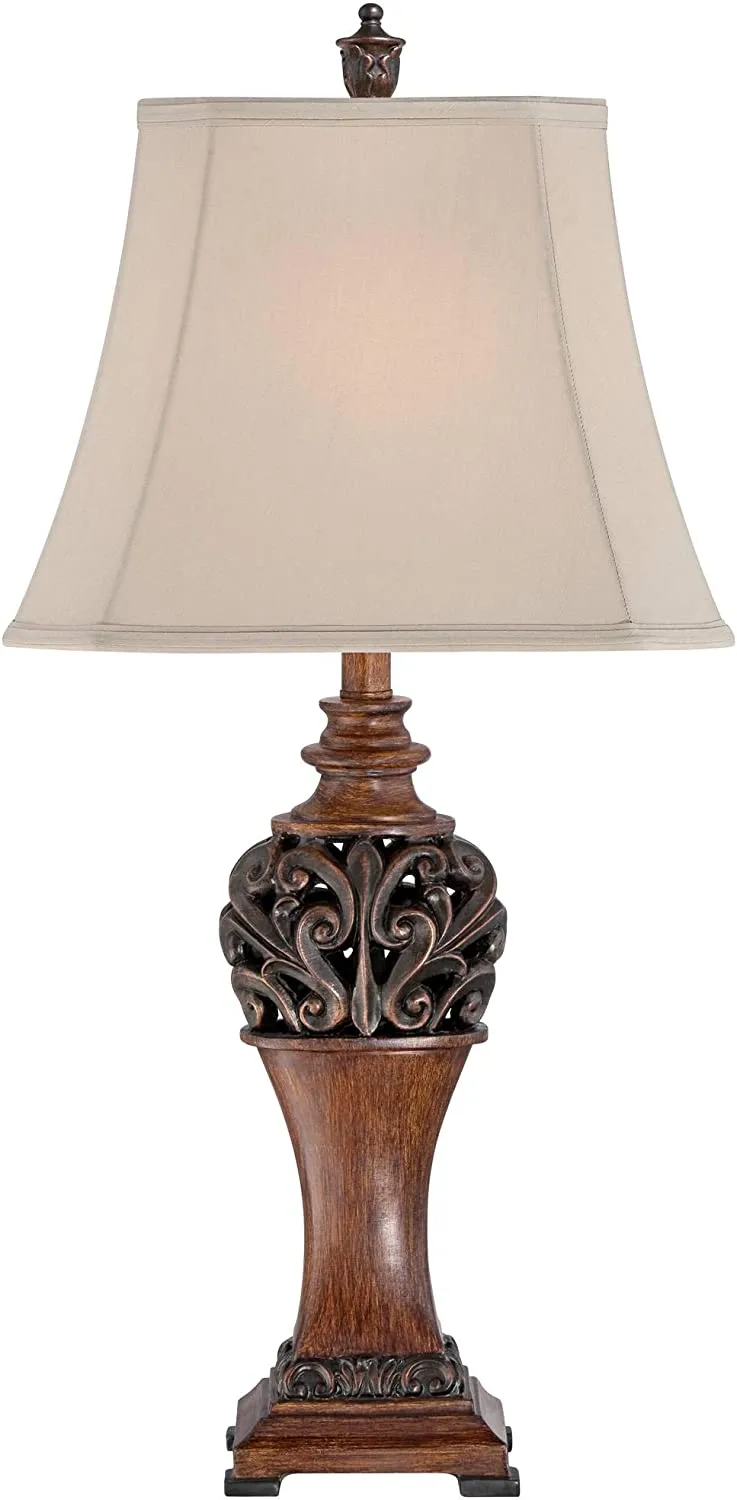 Traditional Style Table Lamps 30" Tall Set of 2 Bronze Wood Carved Leaf