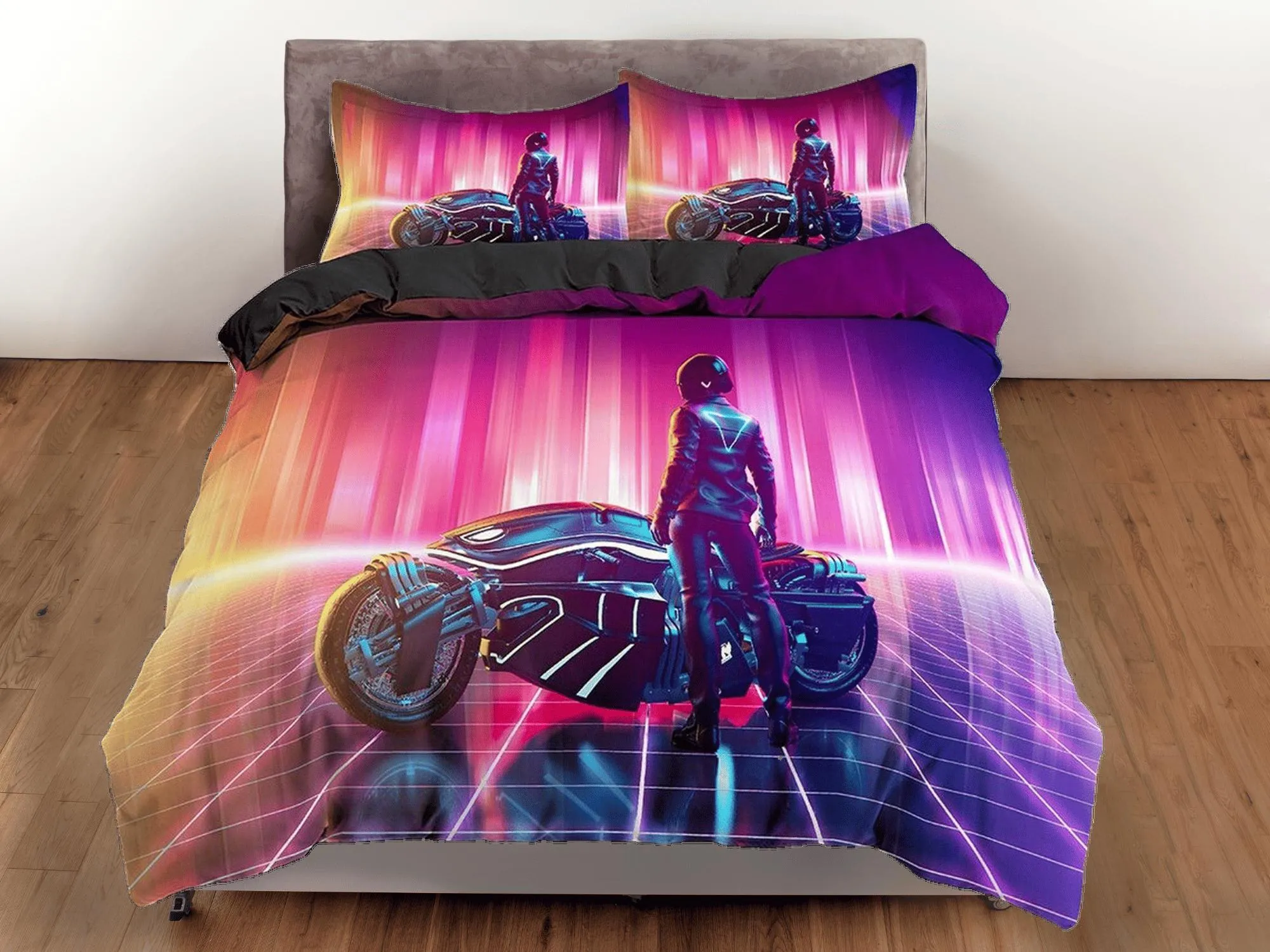 Vaporwave Motorcycle Rider Bedding, Cool Hippie Duvet Cover Set for Boys Bedroom, Trippy Psychedelic Bed Cover, Gradient Colors