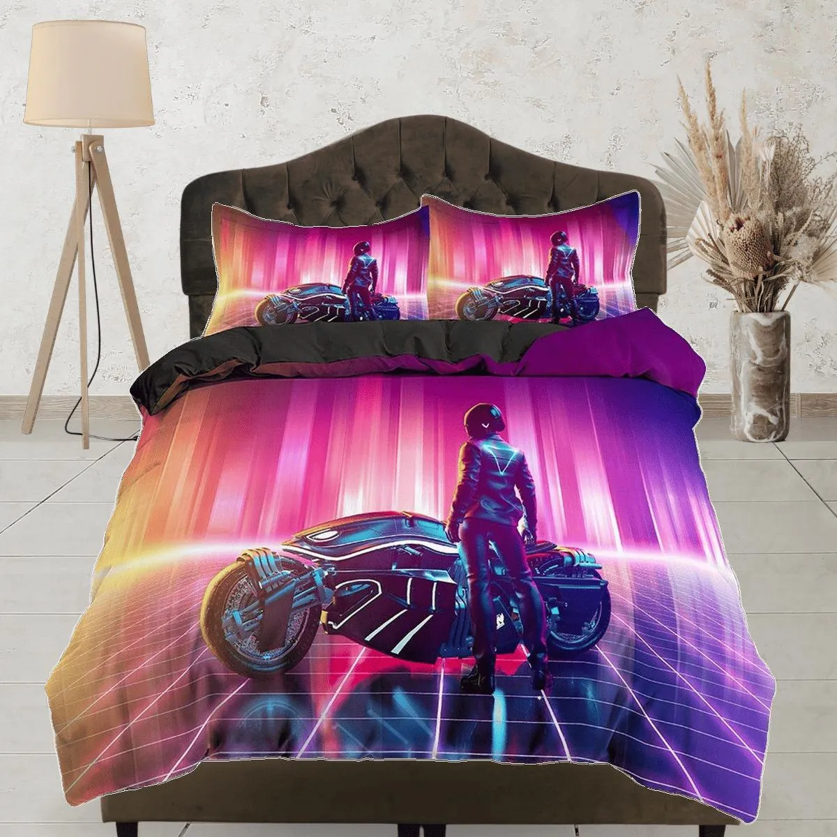 Vaporwave Motorcycle Rider Bedding, Cool Hippie Duvet Cover Set for Boys Bedroom, Trippy Psychedelic Bed Cover, Gradient Colors