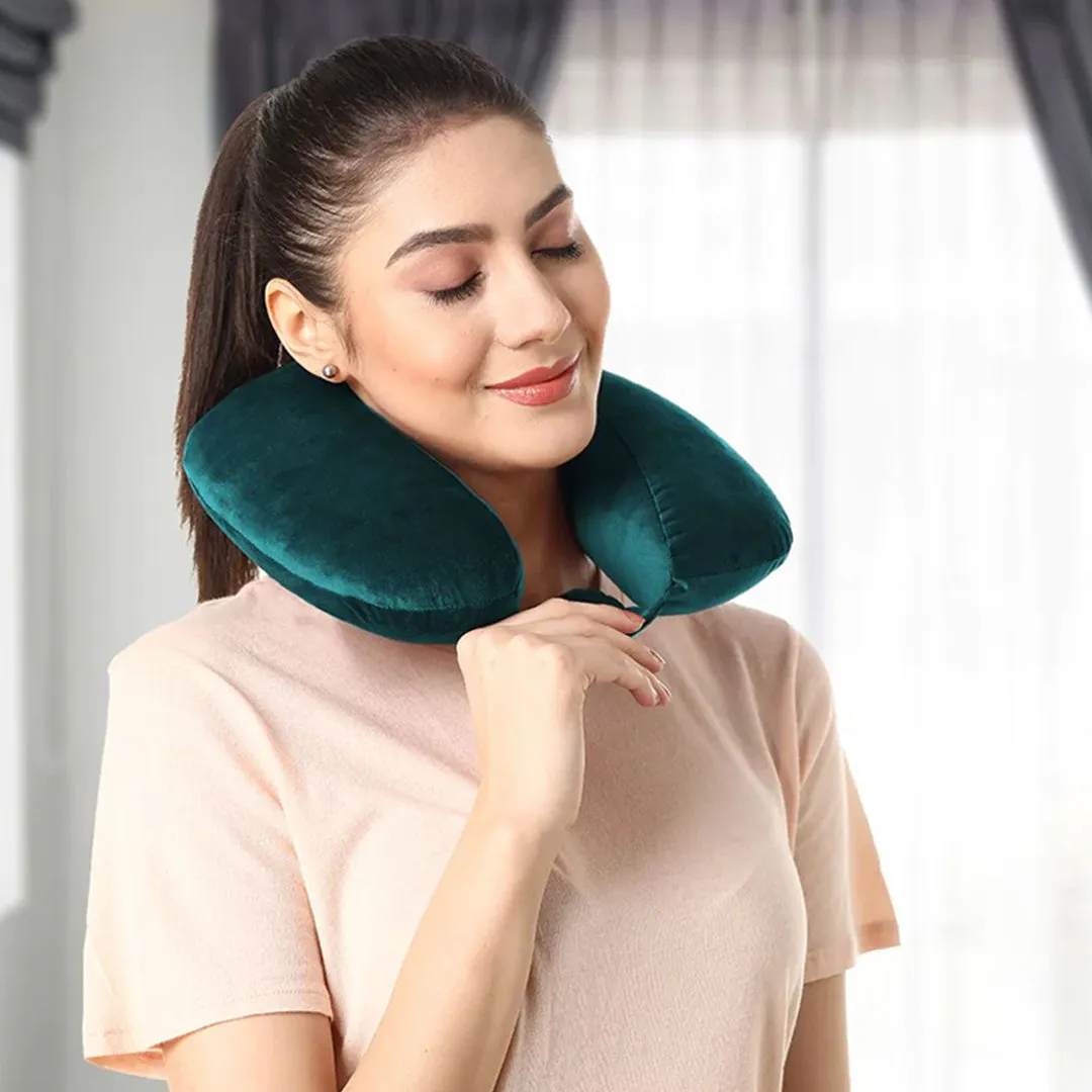 Velvet Neck Rest Pillow / Travel Pillow For Comfort & Support (Green)