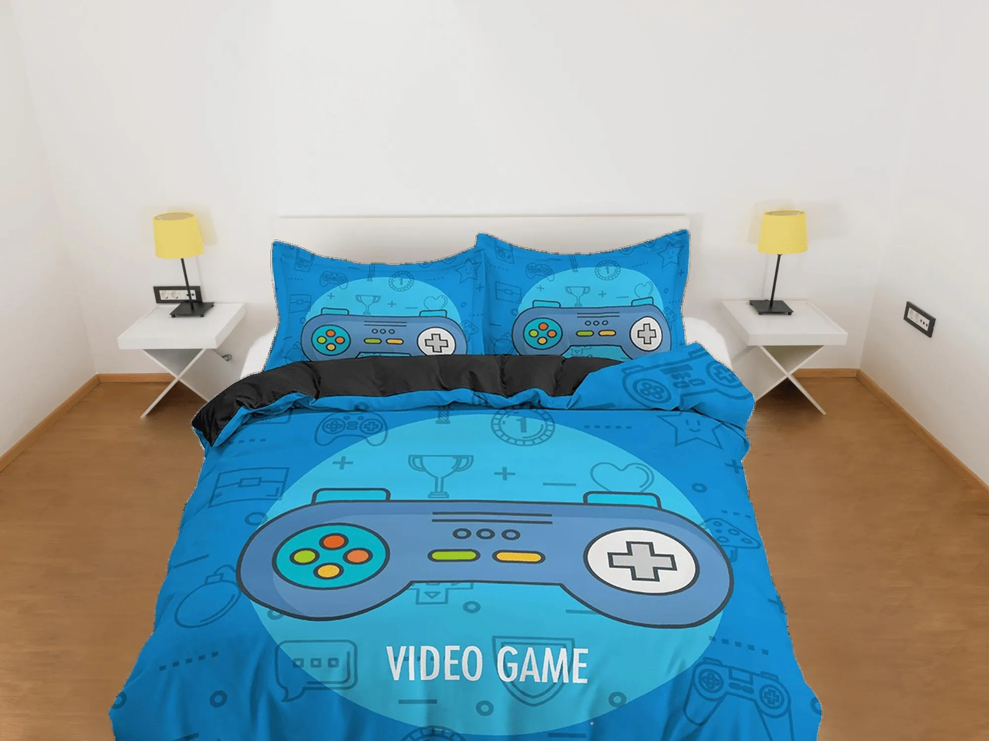 Video gamer bedding blue duvet cover, gamer boyfriend gift bedding set full king queen twin, boys bedroom, college dorm bedding