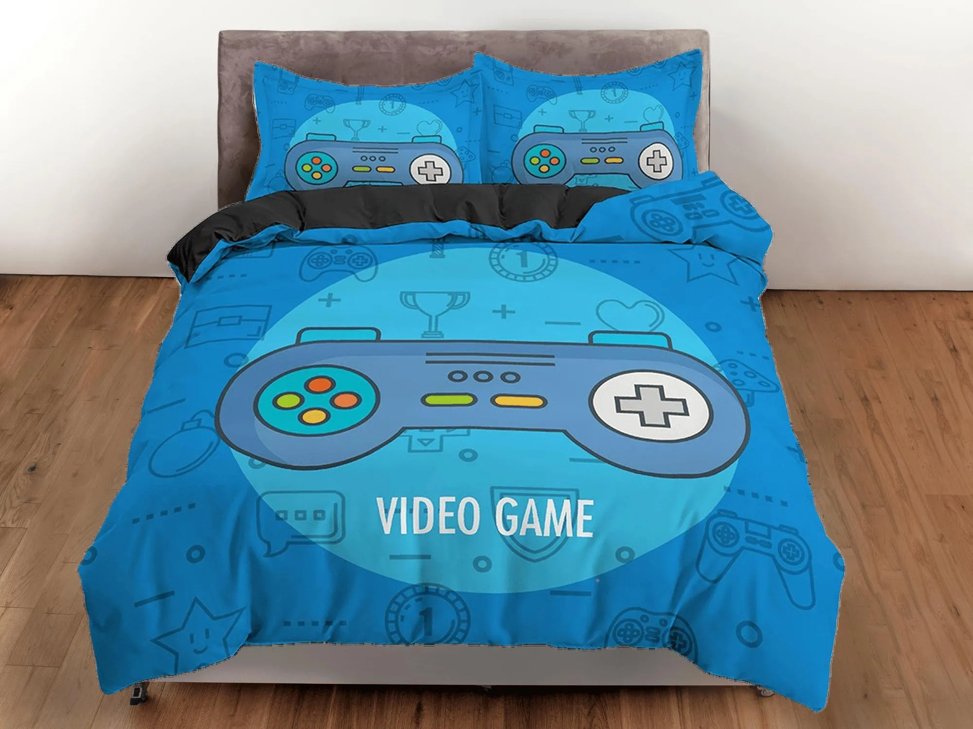 Video gamer bedding blue duvet cover, gamer boyfriend gift bedding set full king queen twin, boys bedroom, college dorm bedding