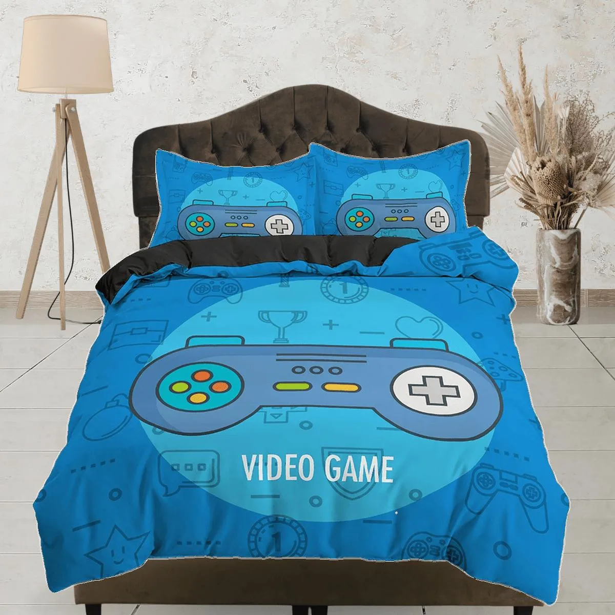 Video gamer bedding blue duvet cover, gamer boyfriend gift bedding set full king queen twin, boys bedroom, college dorm bedding