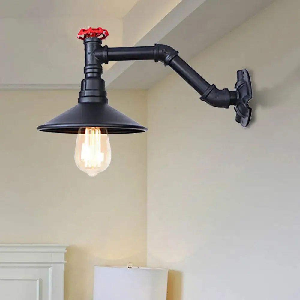 Vintage Industrial Black Metal Wall Lamp Sconce - 1 Head Pipe Wall Light, Cone Shade & Valve