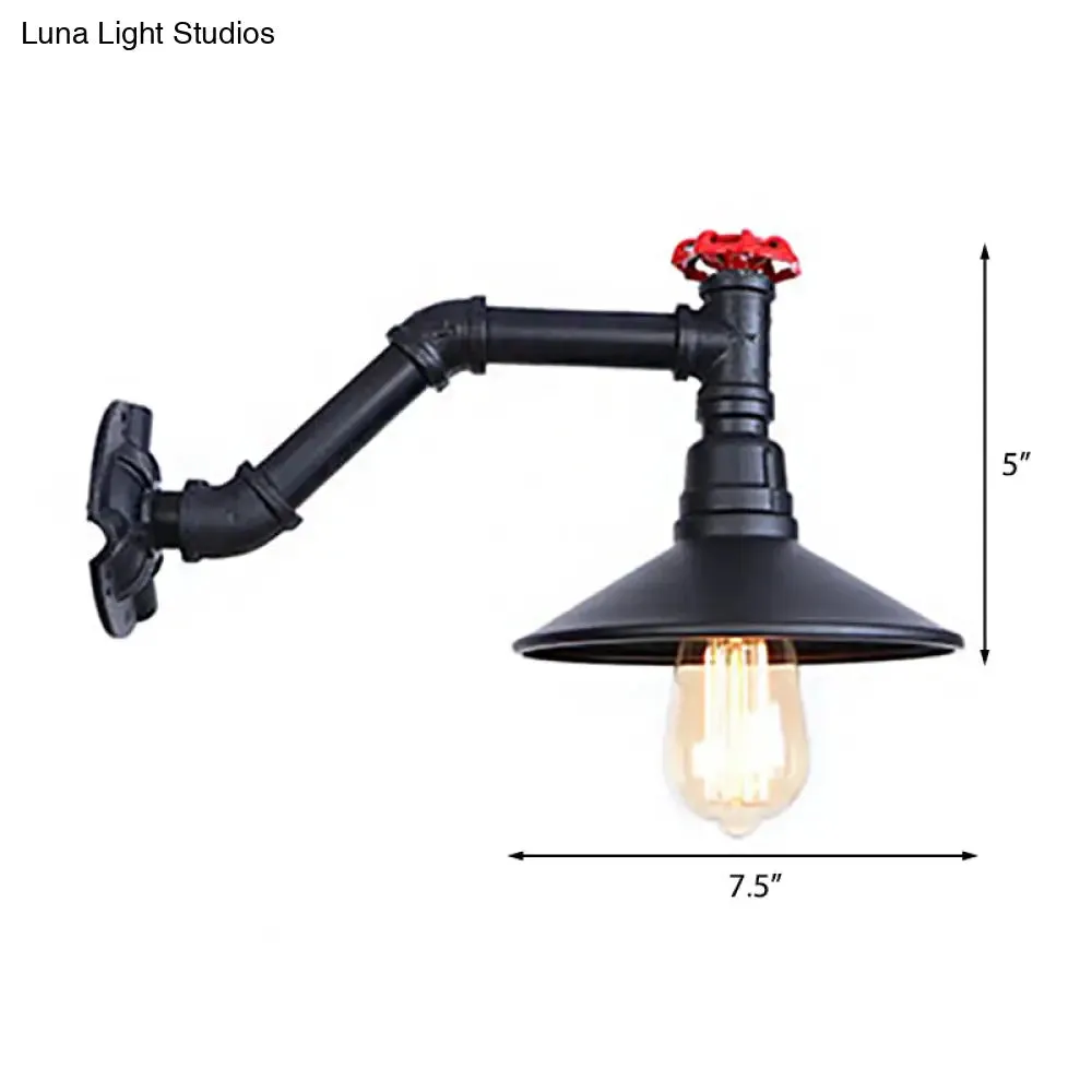 Vintage Industrial Black Metal Wall Lamp Sconce - 1 Head Pipe Wall Light, Cone Shade & Valve