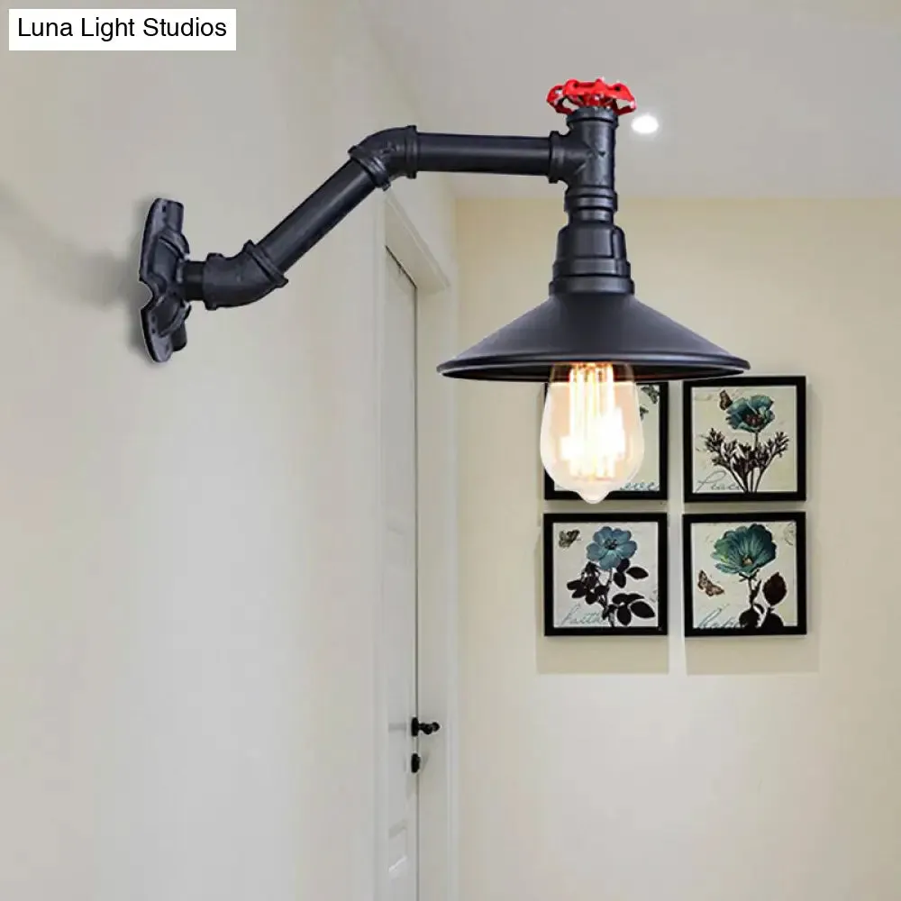 Vintage Industrial Black Metal Wall Lamp Sconce - 1 Head Pipe Wall Light, Cone Shade & Valve