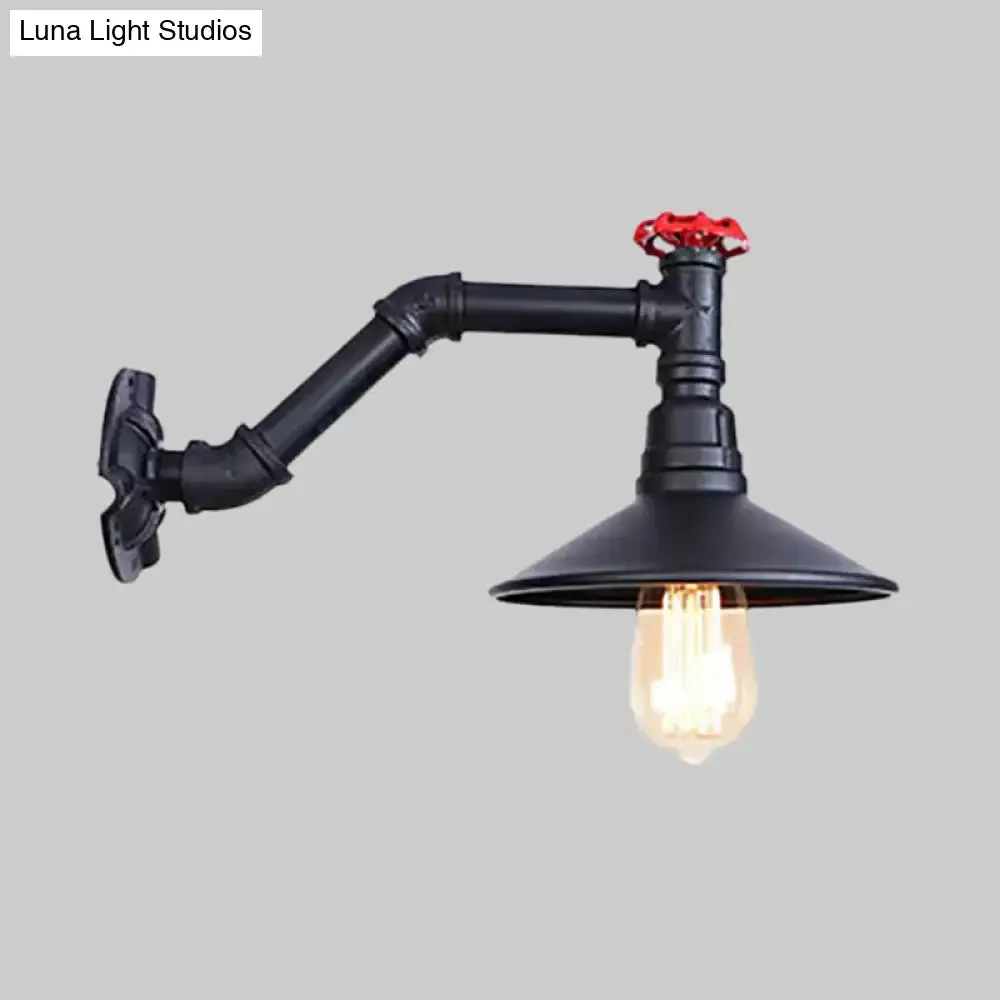 Vintage Industrial Black Metal Wall Lamp Sconce - 1 Head Pipe Wall Light, Cone Shade & Valve