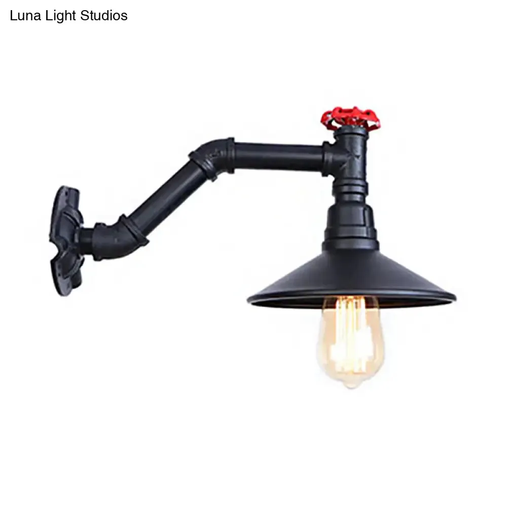 Vintage Industrial Black Metal Wall Lamp Sconce - 1 Head Pipe Wall Light, Cone Shade & Valve