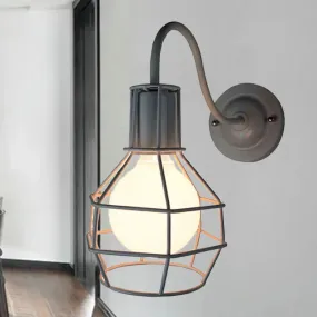 Vintage Industrial Wall Lamp - Metallic Black/Bronze Global Cage with Gooseneck Arm