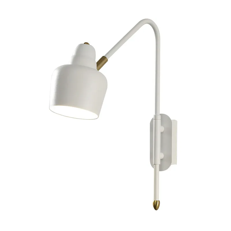 Vintage Iron Bowled Wall Lamp - 1-Light Bedroom Sconce in White/Gold with Curved Arm