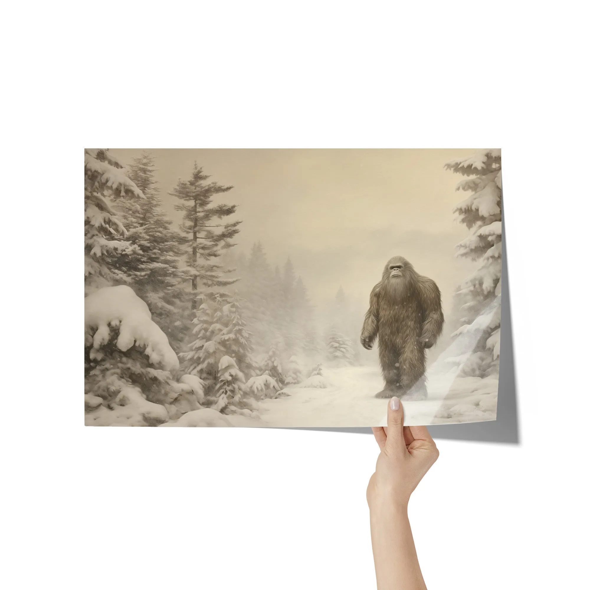 Vintage Look BIGFOOT in the Winter 12x18 Poster, Glossy or Matte