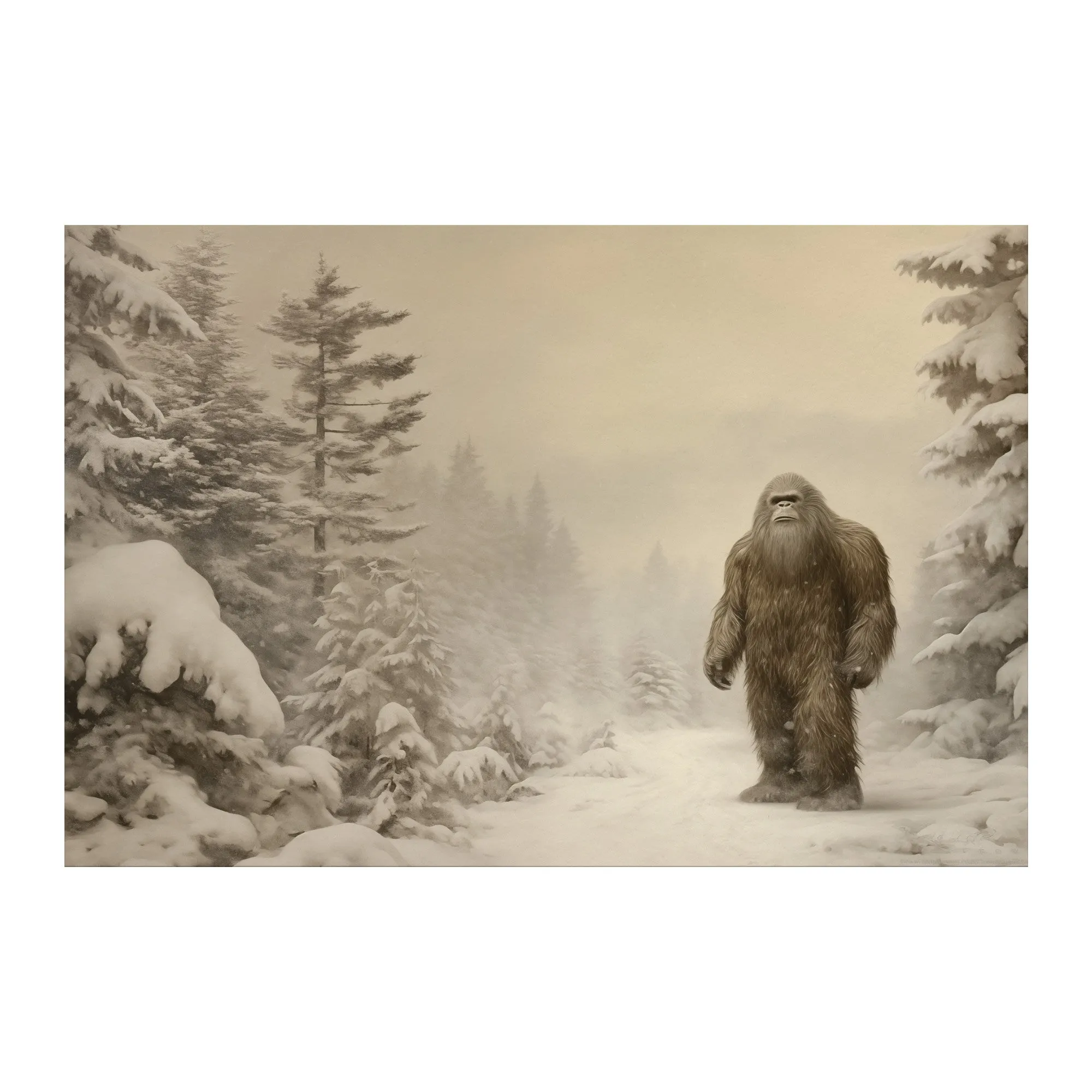 Vintage Look BIGFOOT in the Winter 12x18 Poster, Glossy or Matte