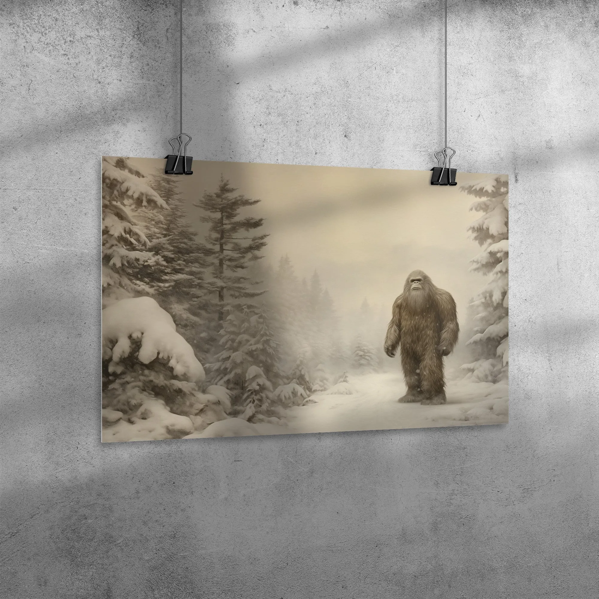 Vintage Look BIGFOOT in the Winter 12x18 Poster, Glossy or Matte