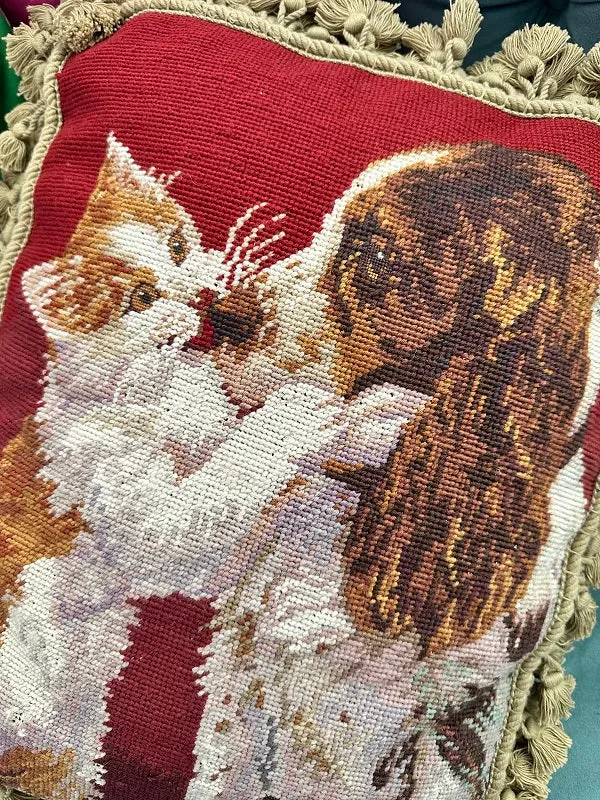 Vintage Needlepoint Pillow, Cat and Dog Kisses, Tassel Fringe