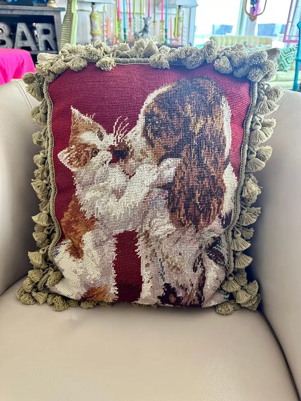 Vintage Needlepoint Pillow, Cat and Dog Kisses, Tassel Fringe