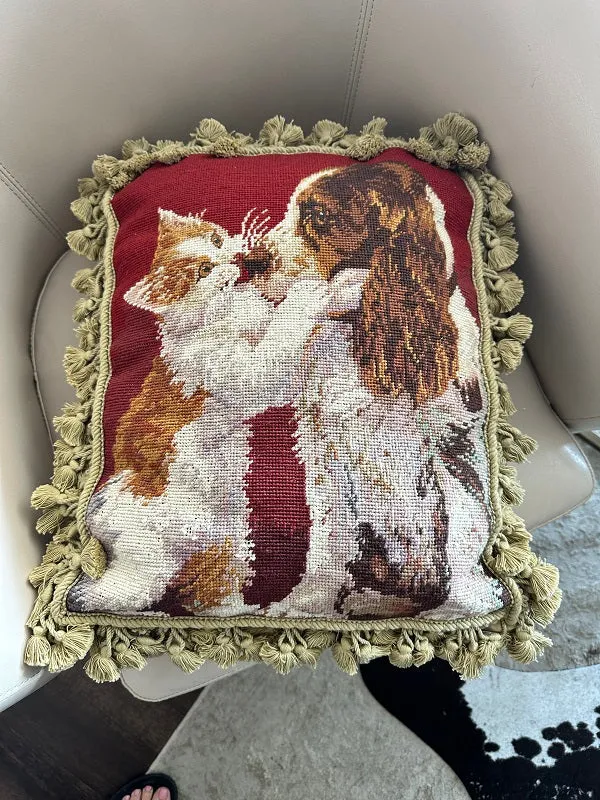 Vintage Needlepoint Pillow, Cat and Dog Kisses, Tassel Fringe