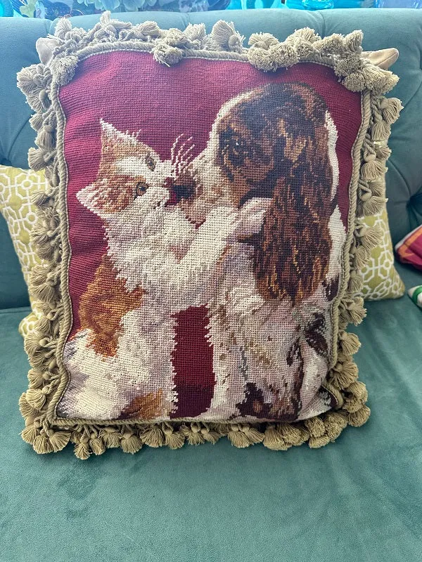 Vintage Needlepoint Pillow, Cat and Dog Kisses, Tassel Fringe