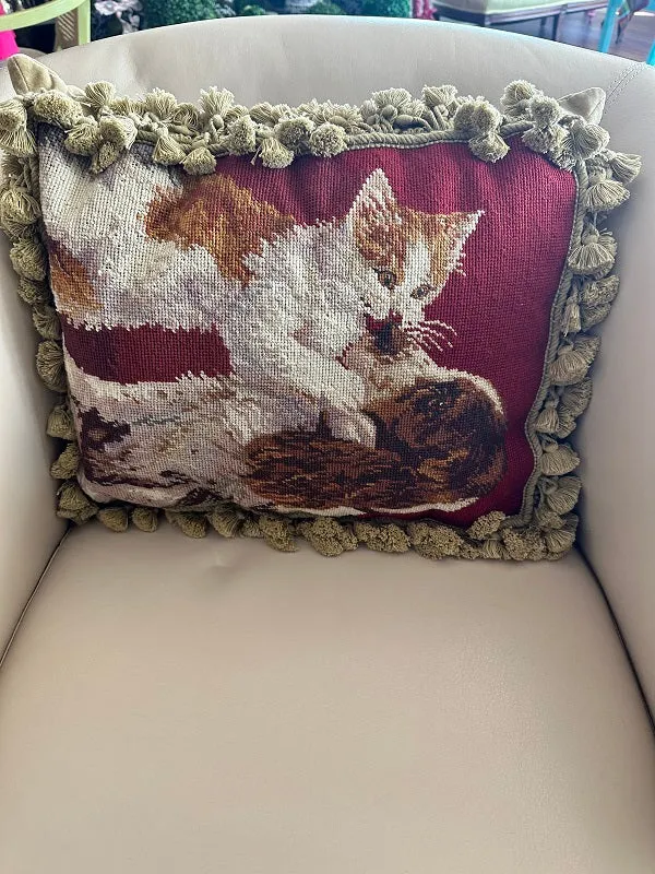 Vintage Needlepoint Pillow, Cat and Dog Kisses, Tassel Fringe