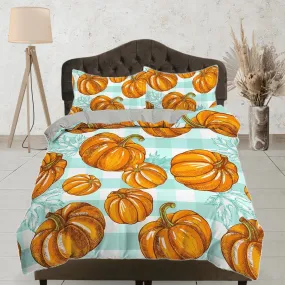 Vintage pumpkin gingham plaid halloween full size bedding & pillowcase, duvet cover set dorm bedding, shabby chic bedding, halloween gift