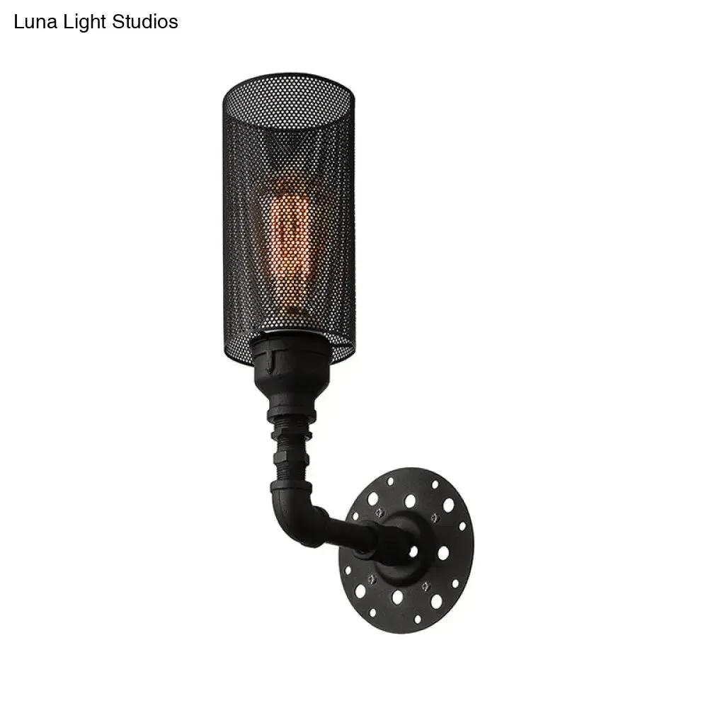 Vintage Stylish 1 Light Metallic Cylinder Wall Lighting with Mesh Screen – Perfect for Restaurants, Wall Mount Light in Black