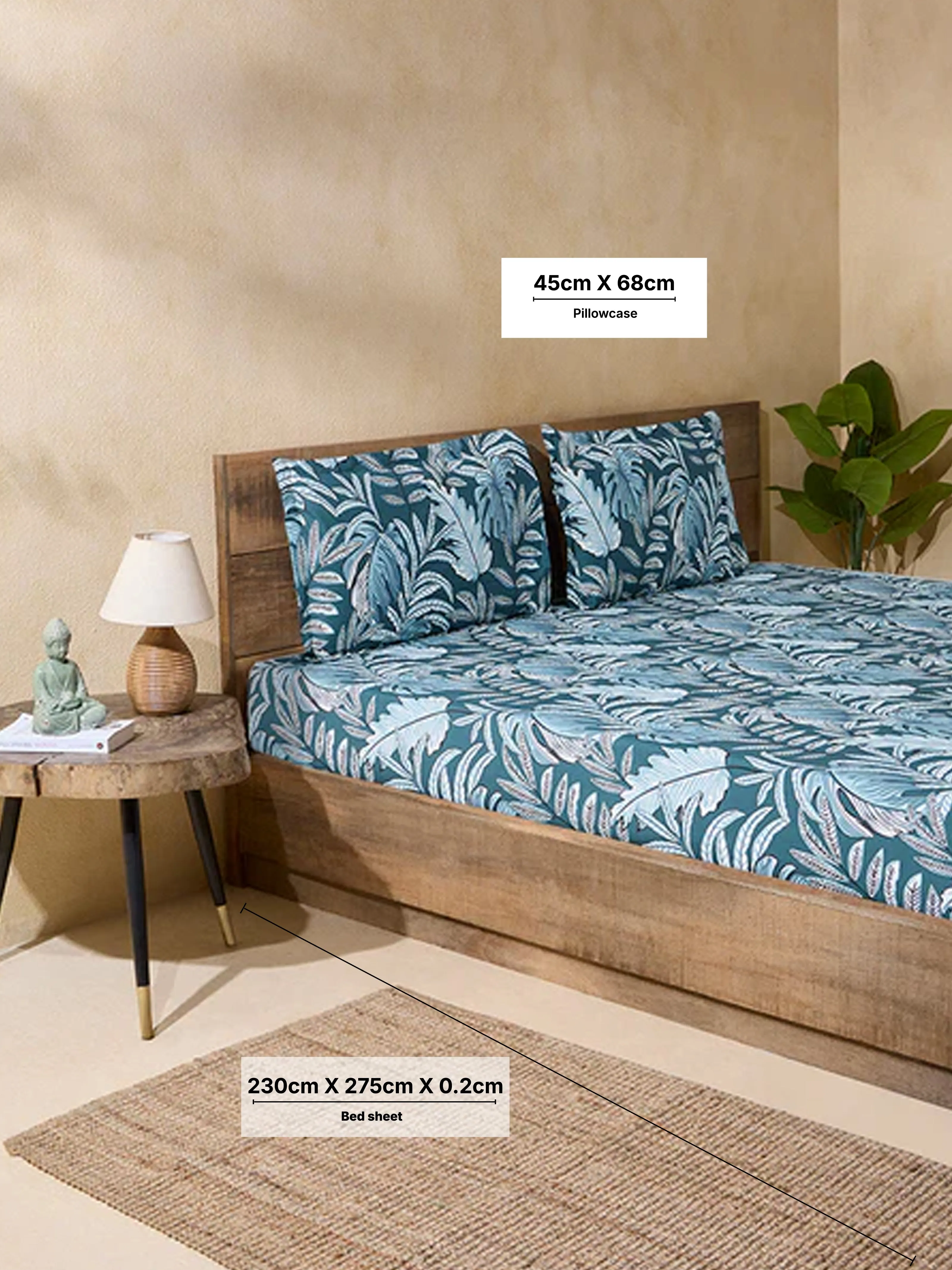 Westside Home Teal Leaf Design Double Bed Flat Sheet and Pillowcase Set