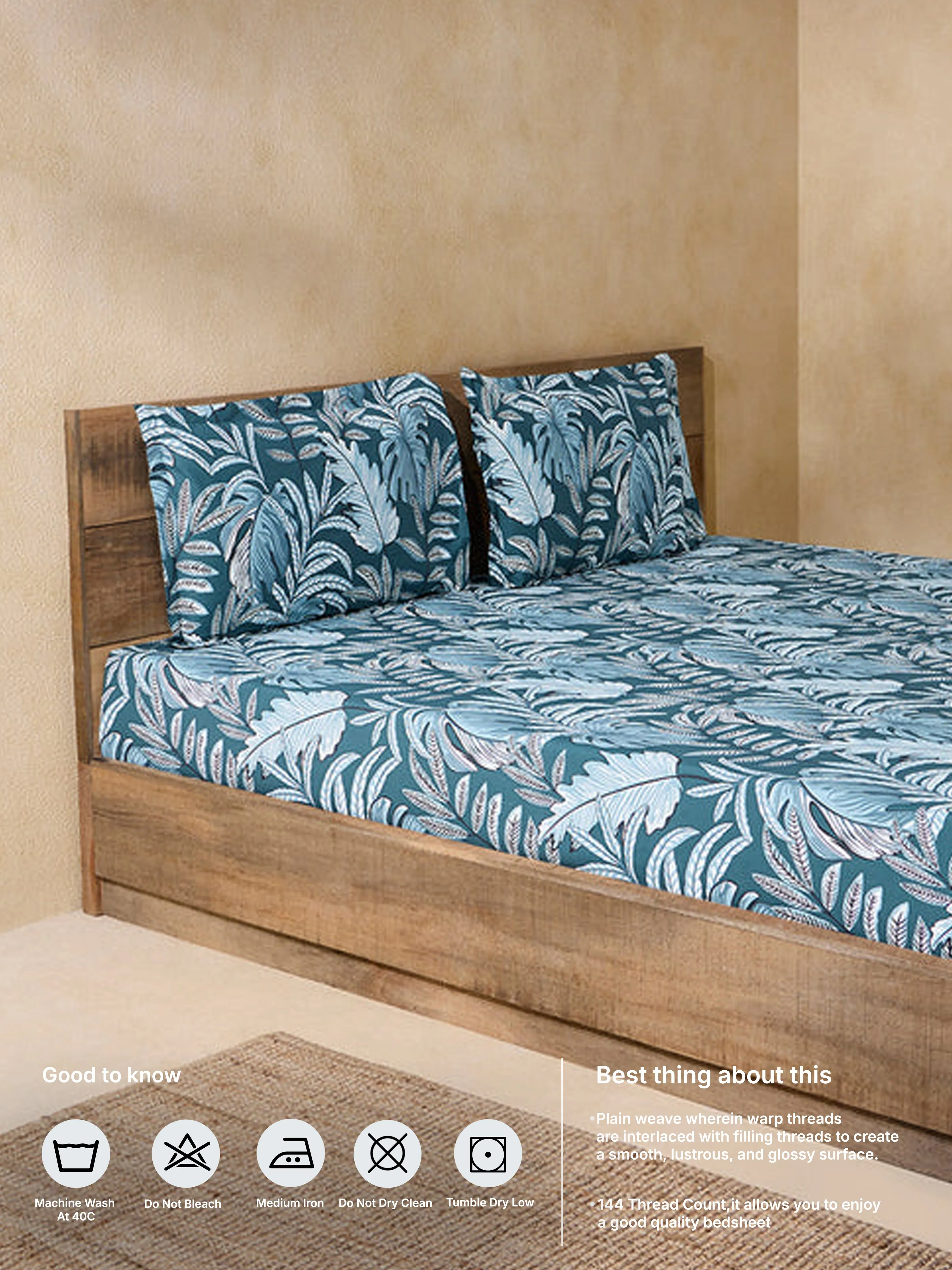 Westside Home Teal Leaf Design Double Bed Flat Sheet and Pillowcase Set