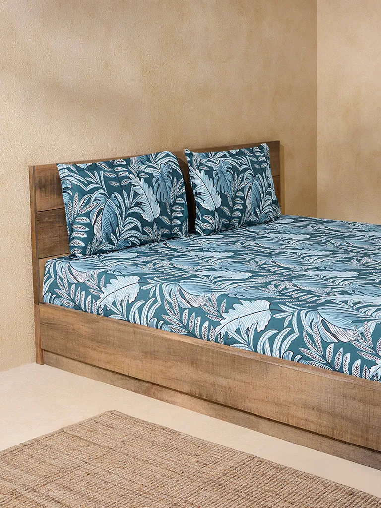 Westside Home Teal Leaf Design Double Bed Flat Sheet and Pillowcase Set