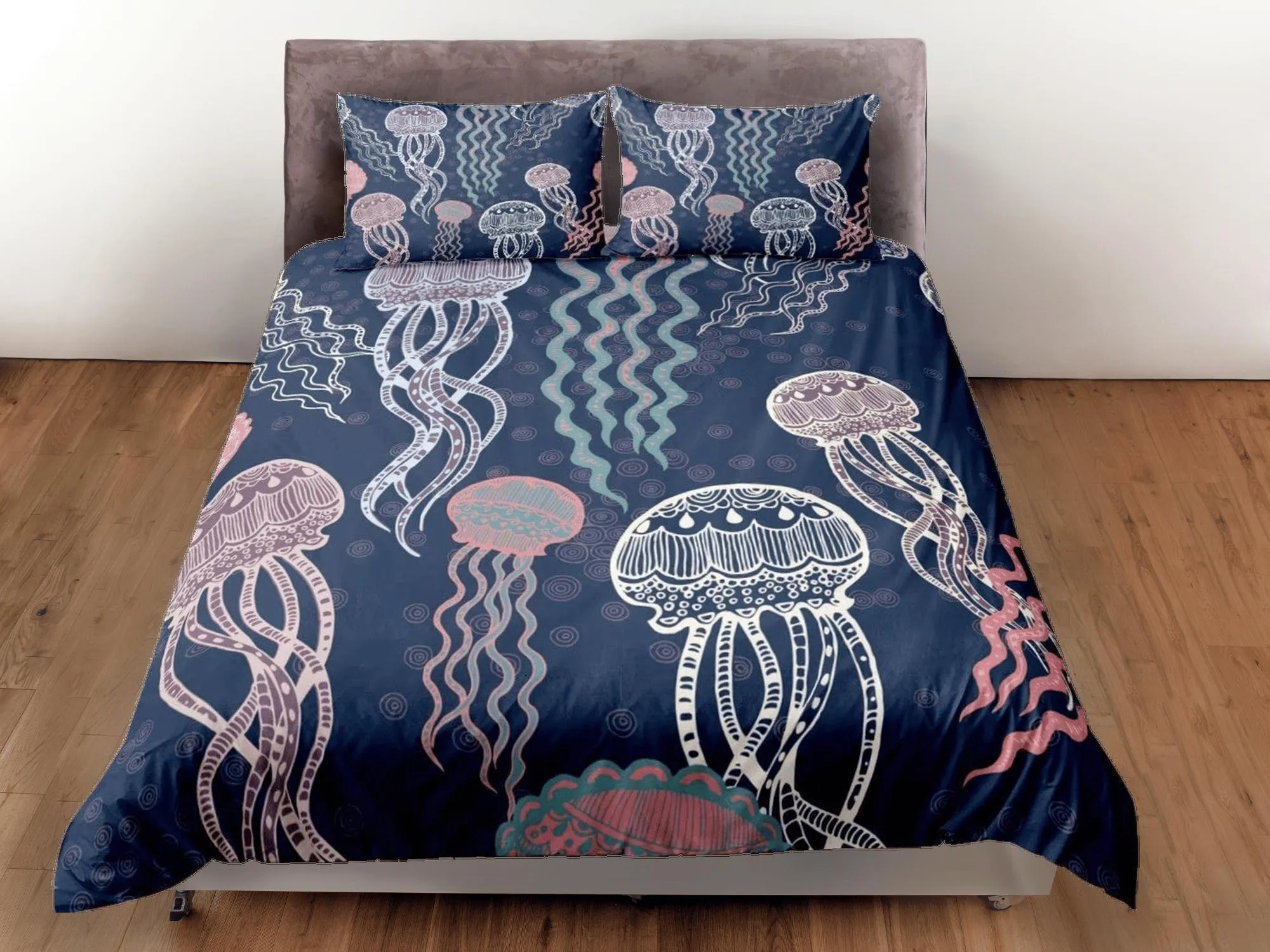 Whimsical jellyfish bedding colorful duvet cover, ocean blush sea animal bedding set full king queen twin crib toddler, college dorm bedding