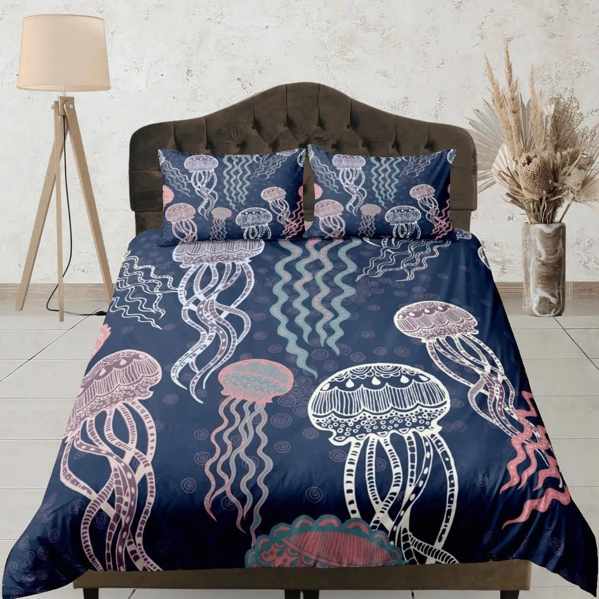 Whimsical jellyfish bedding colorful duvet cover, ocean blush sea animal bedding set full king queen twin crib toddler, college dorm bedding