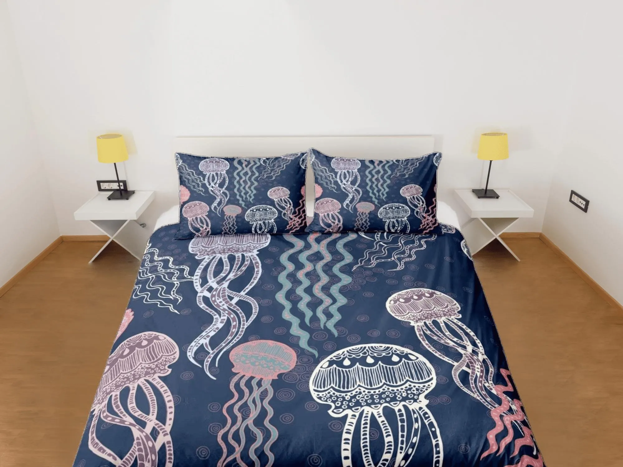 Whimsical jellyfish bedding colorful duvet cover, ocean blush sea animal bedding set full king queen twin crib toddler, college dorm bedding