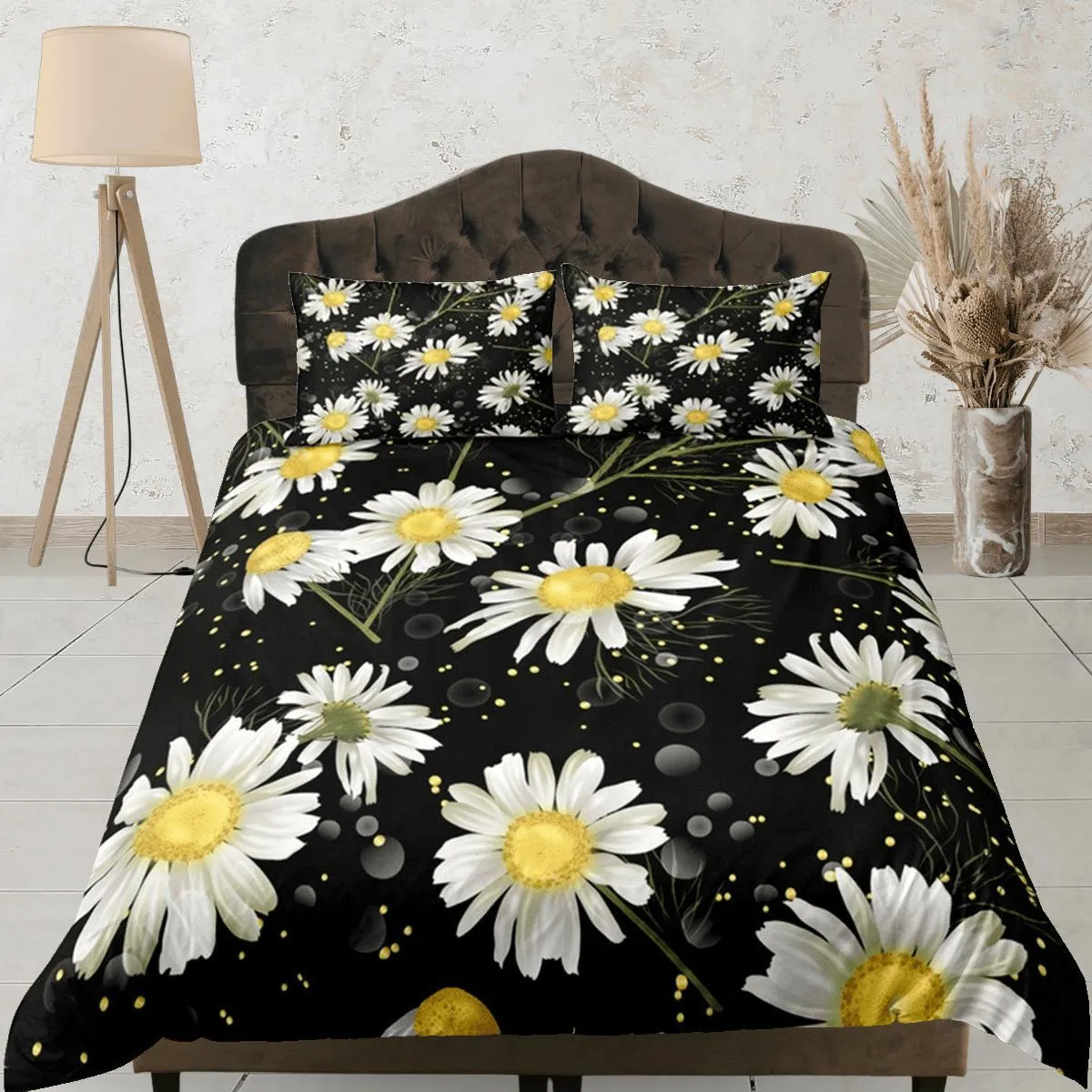 White Daisy Black Duvet Cover Set, Floral Print Bedspread Dorm Bedding Set