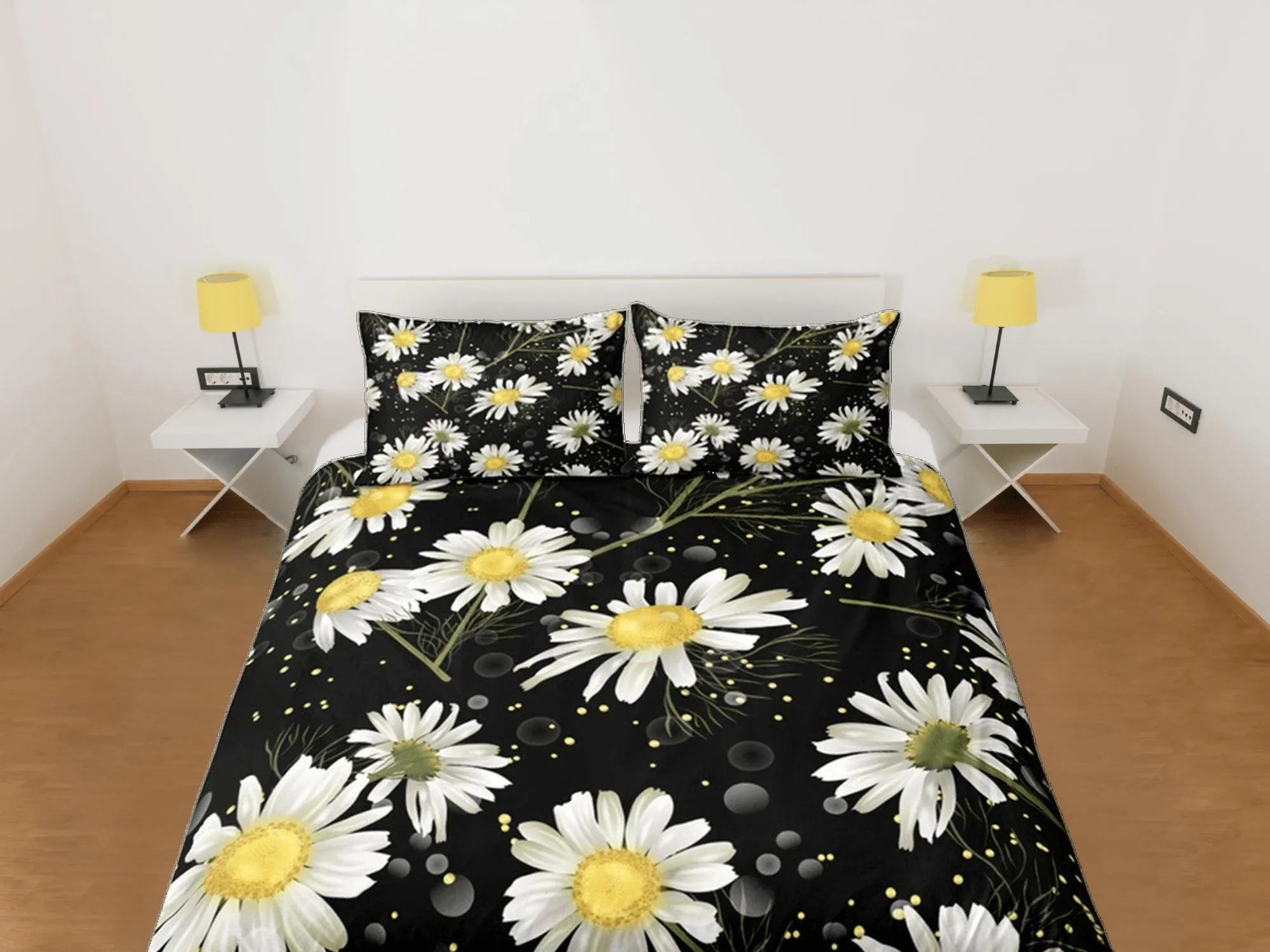 White Daisy Black Duvet Cover Set, Floral Print Bedspread Dorm Bedding Set