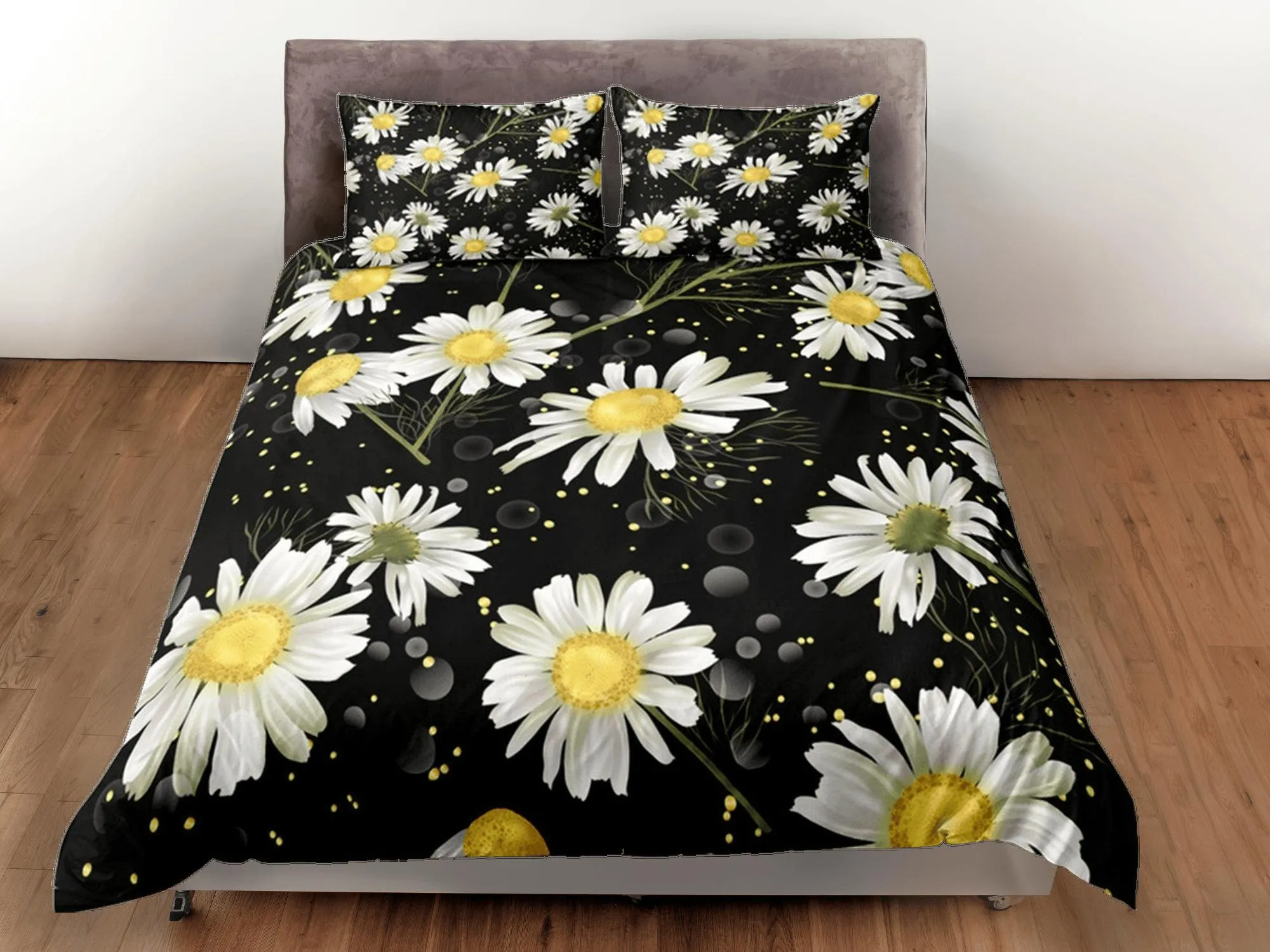 White Daisy Black Duvet Cover Set, Floral Print Bedspread Dorm Bedding Set